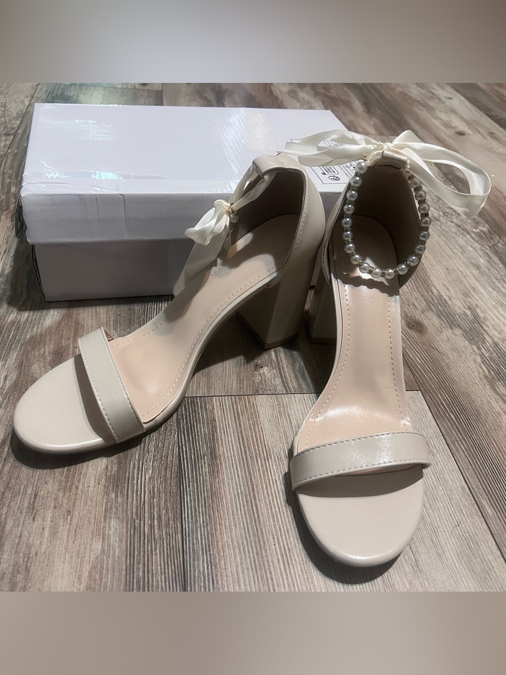 Cream/nude Block Heel with Pearl Ankle Strap